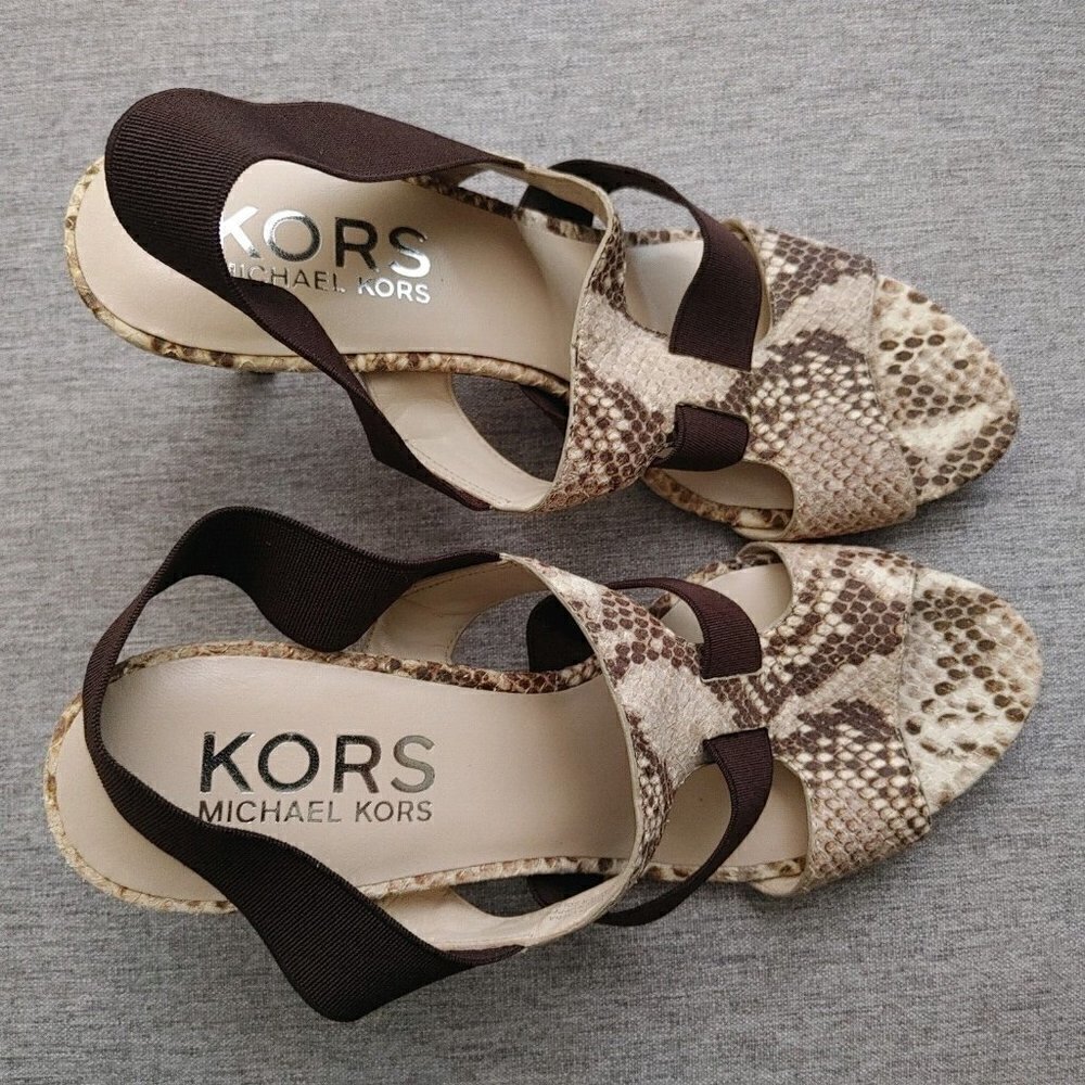 Michael Kors Brown and Tan Leather Snakeskin Print Open Toe Strappy Heels Size 9 - Picture 6 of 10